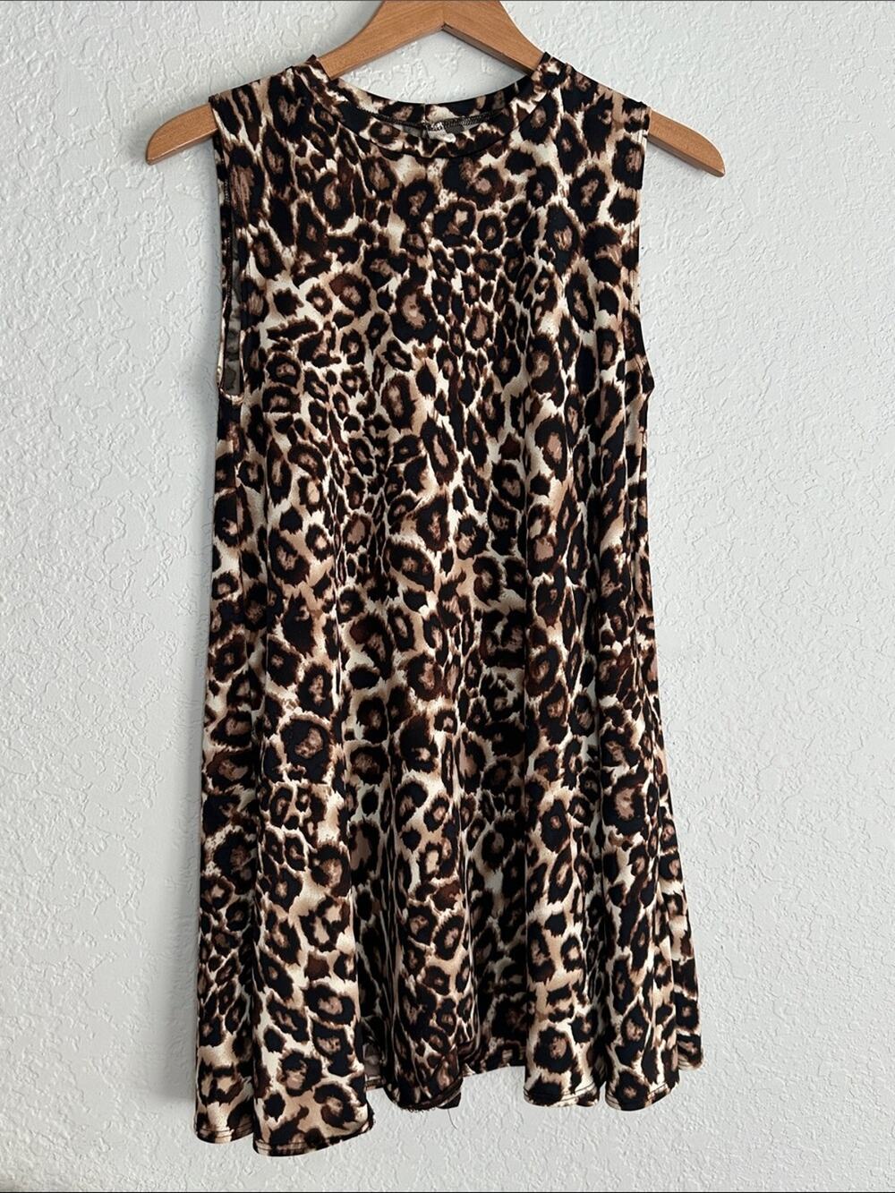 Elan Brown Leopard Print Tunic Dress Coverup Swing Pockets Resortwear Vacation